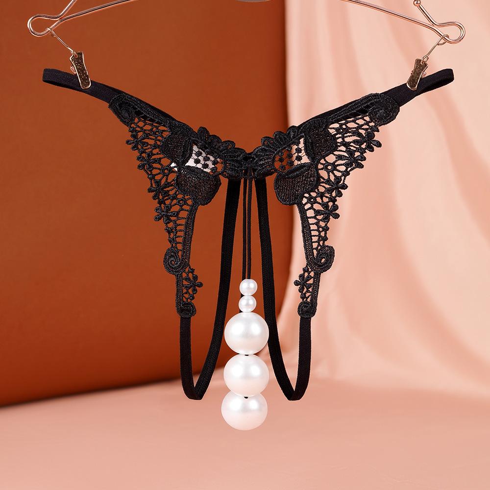 Lace & Pearl Beaded Open Crotch Thong - Plus Size Sexy See-Through Low-Rise Panties for Women