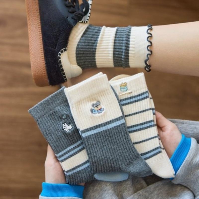Grey Striped Socks, Women's Mid-calf Socks, Spring and Autumn Cotton Socks, Cute Cartoon Lace, Trendy Outerwear Long Socks