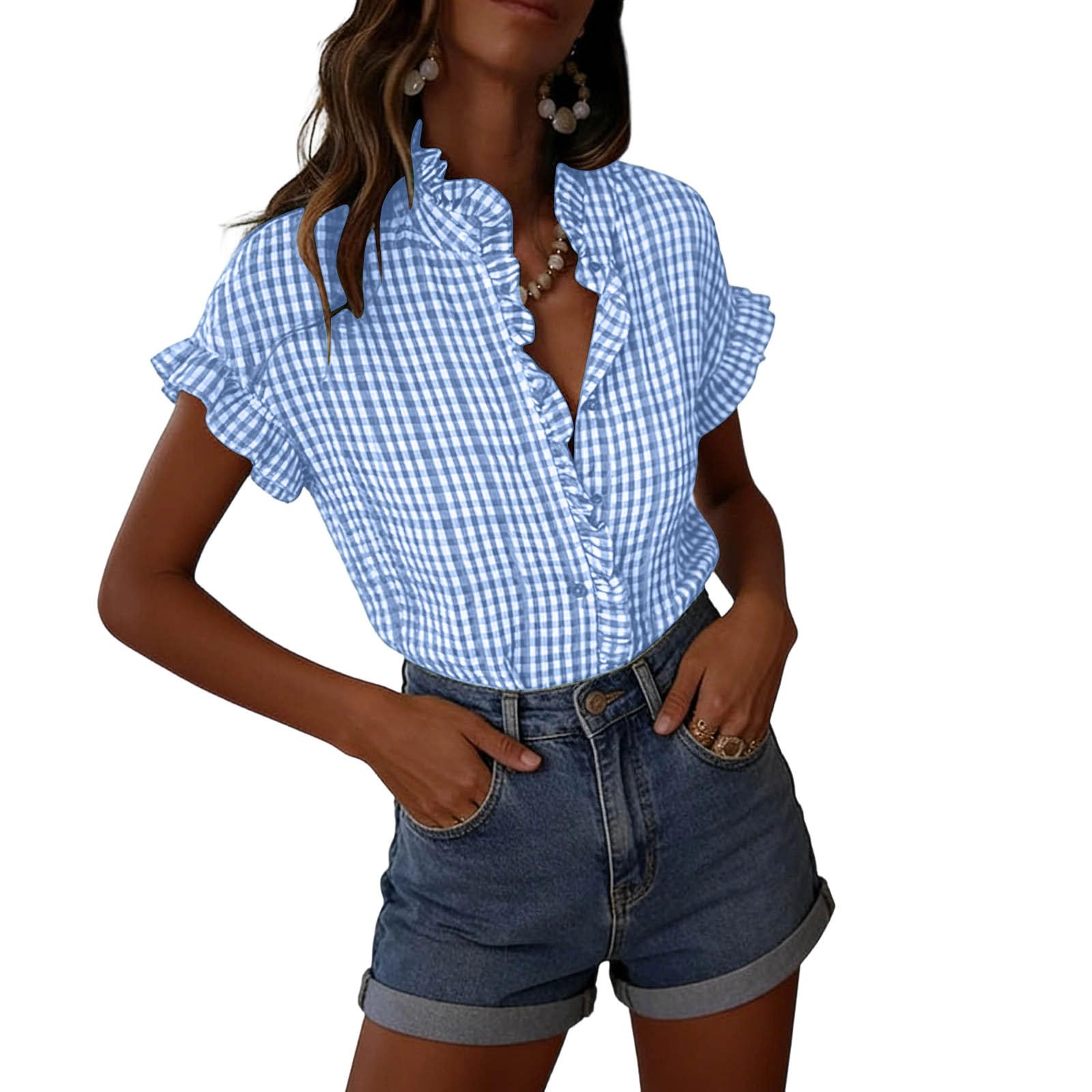 Ruffle Trim Short Sleeve Blouses for Women Button Down Womens Short Sleeve Shirts Lightweight Women s Short Sleeve Tops Casual Women Short Sleeve Tops XL