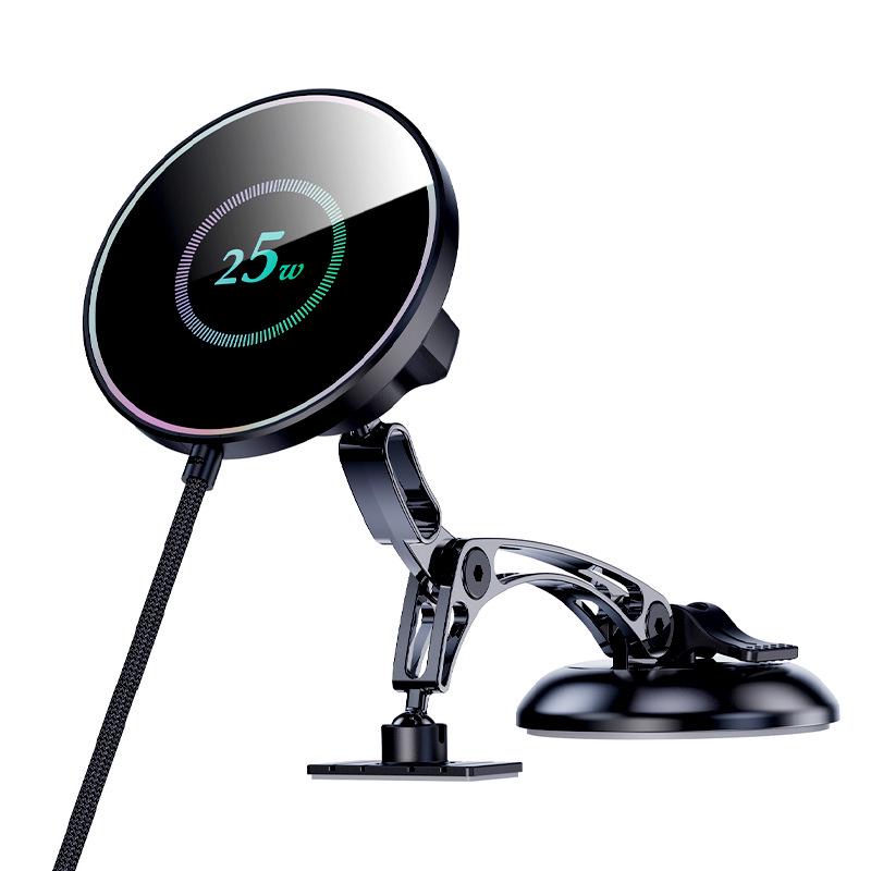 25W Magnetic Car Phone Holder with Wireless Charging and Suction Cup Mount