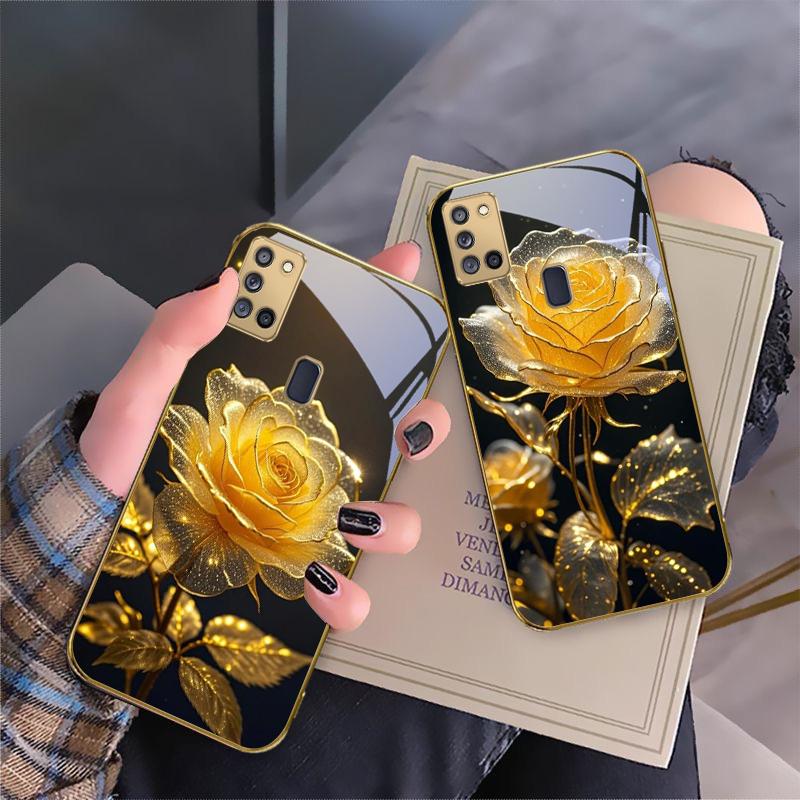Elegant Golden Rose For Samsung A 31 32 A33 A34 35 14 A15 13 A16 25 26 50 52 53 54 55 56 70 71 72 73 Golden Glass Phone Case