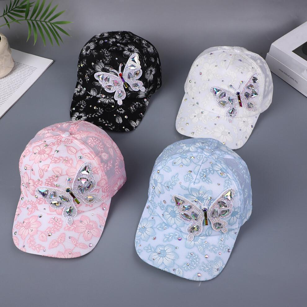 (Einheitsgröße, Schwarz) Damen Basecap Stilvolle Strass Schmetterling Blume Verstellbar Atmungsaktiv Breiter Rand Sonnenhut