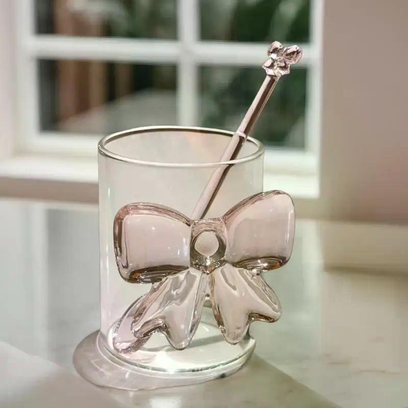 Pink Bow Glass Coffee Spoon, Long-handled Dessert/milk Tea Stirring Spoon, Heat-resistant Teaspoon, Household Kitchen Tool.