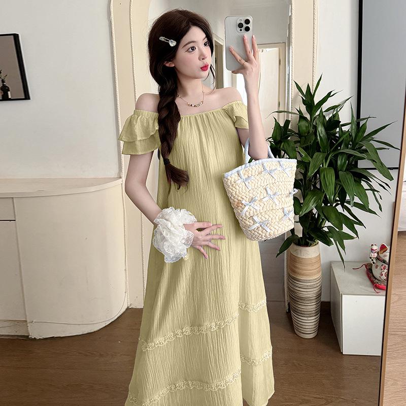 Off-Shoulder French Puff Sleeve Lace Maternity Dress - Plus Size, Slimming Fit M