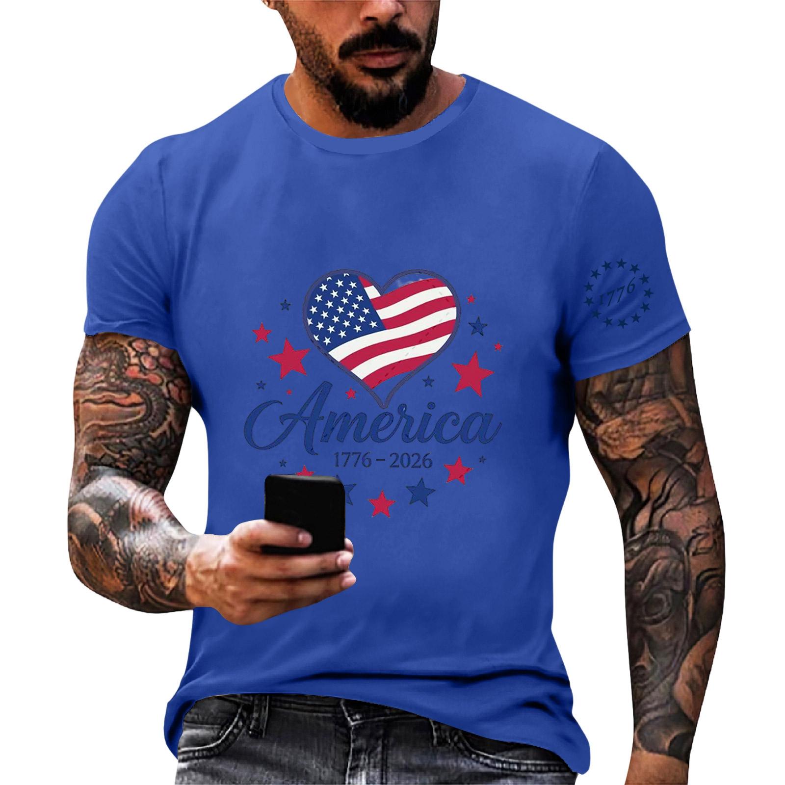 

Men s Loose Fit Casual Short Sleeve Shirt with Independence Day Print Comfortable Lightweight Summer Tee XXXL синий