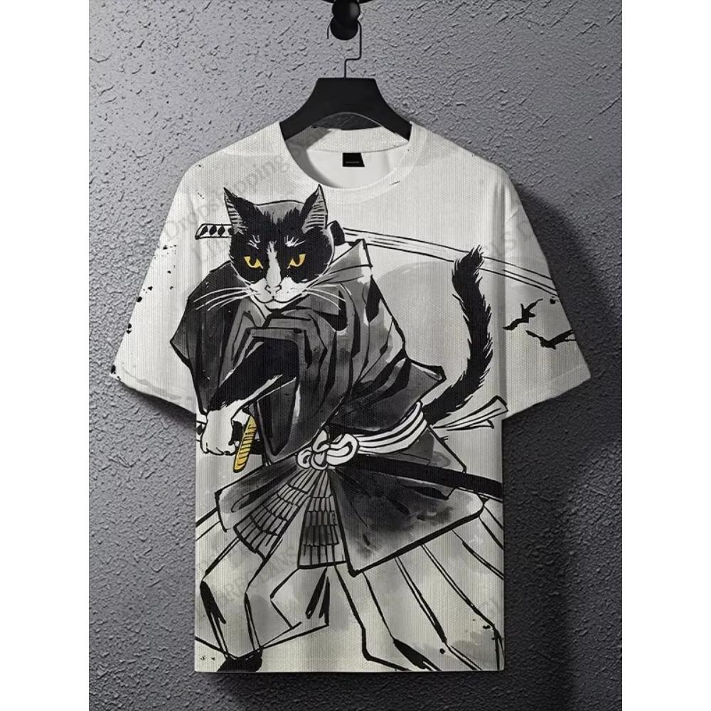 Novas Camisetas com Estampa 3D de Gato Samurai Japonês para Homens Mulheres Camiseta Casual de Manga Curta Top Harajuku Roupa Streetwear