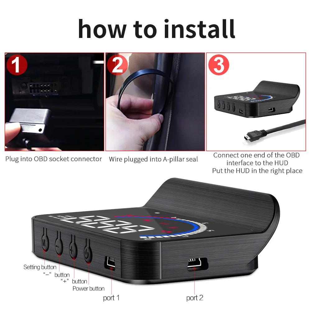 Car HUD OBD Gauge Display Windshield Projector Temperature Display Car Electronics Overspeed Warning System Accessories 2024