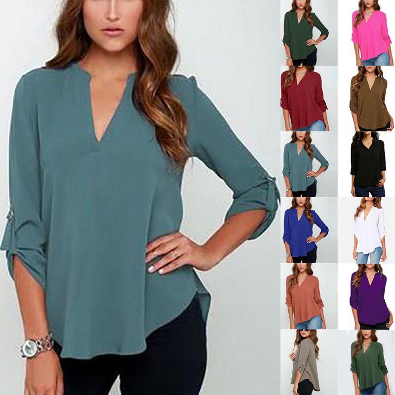 Stilvolles Damen Casual Langarm V-Ausschnitt T-Shirt Pullover Tunika Bluse Optionen