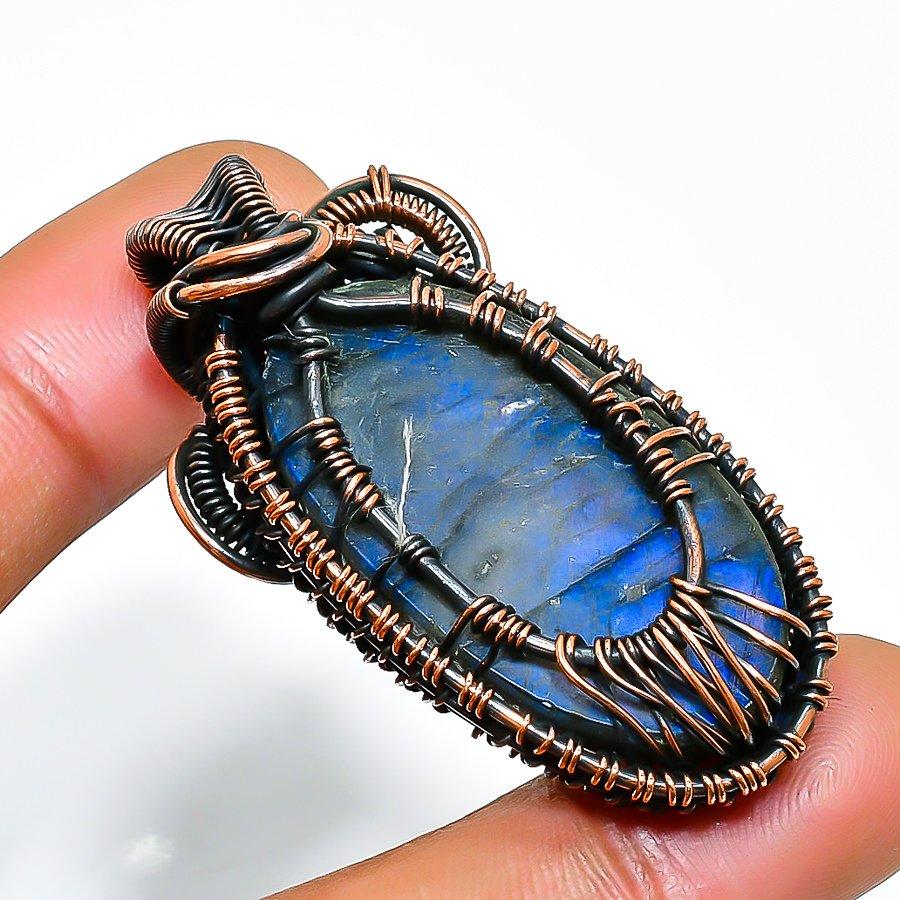 Labradorite Gemstone Handmade Copper Wire Wrap Jewelry Pendant 1.77"