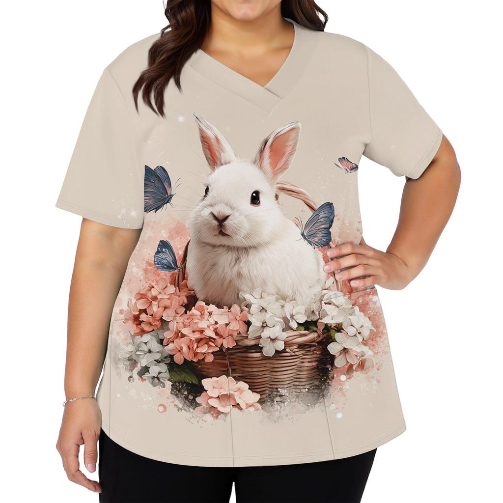 Women's Fashionable V-neck Short-sleeved Work Top With Double Side Slits And Pockets, Featuring Easter Bunny And Egg Prints.