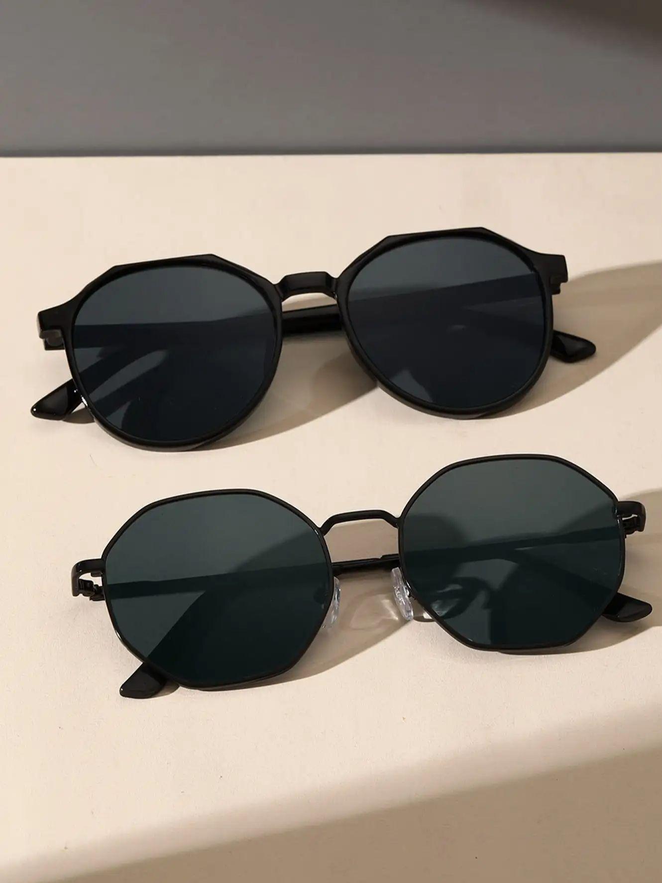 

2Pcs Men Geometric Frame Fashion Sunglasses Classic Cool Black Glasses For Daily Outdoor Life Women Eyewear Accessories.