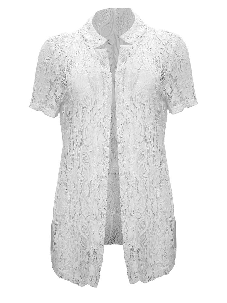 Summer Versatile Solid Color Lace Hollow Short Sleeve Shirt Women's Clothing