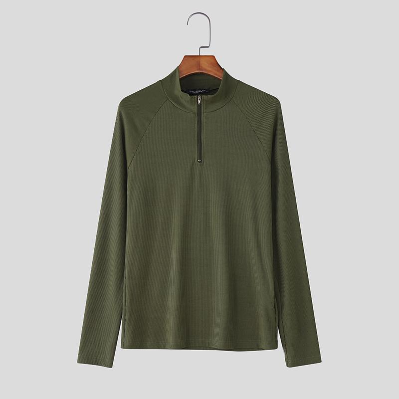 

INCERUN Весенние мужские футболки с длинным рукавом на молнии с высоким воротником, облегающие, в рубчик, топы, майки 3XL армия зеленый