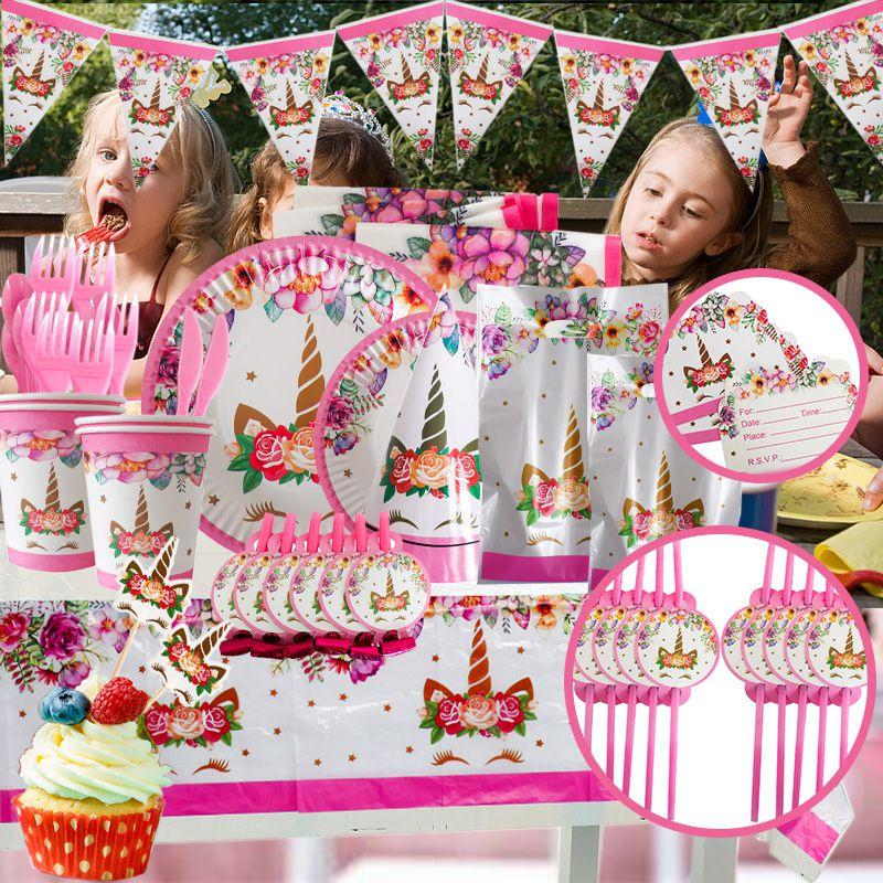 Unicorn Wreath Kids Birthday Party Supplies Tableware Plates Cup Fork Tablecloth