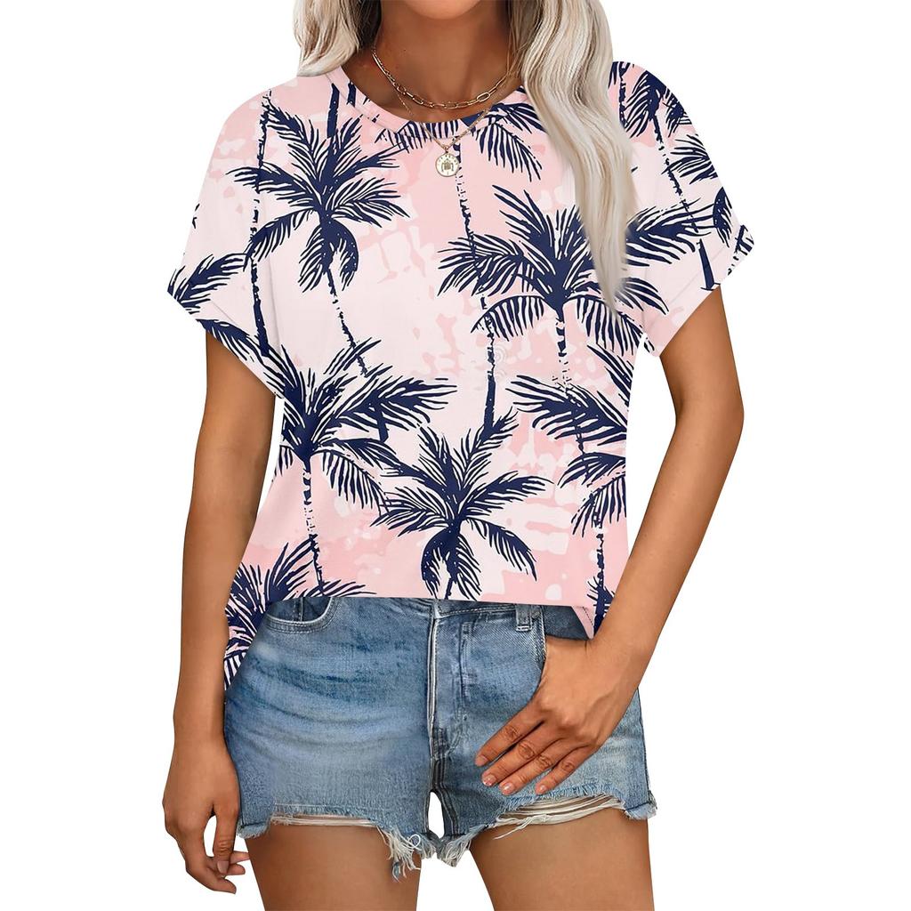 Women's Casual Fashion Round Neck Rolled Hem Short Sleeve Floral Top