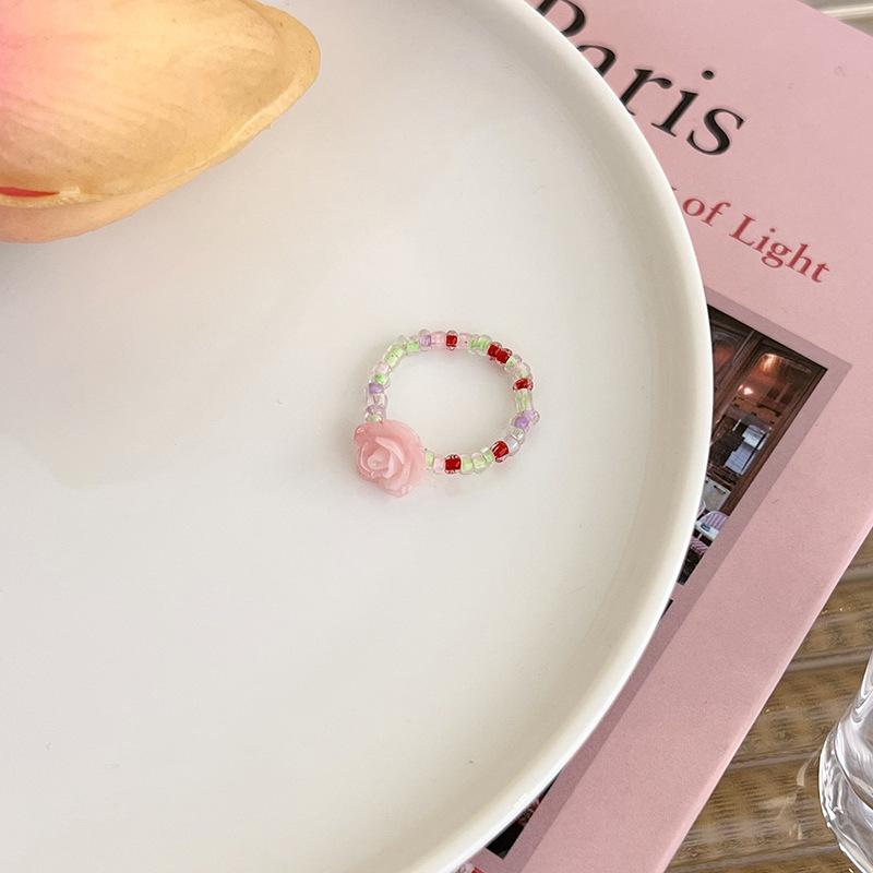 

Красочное кольцо с цветком из бисера Кольцо с регулируемым эластичным шнуром, маленькое кольцо на указательный палец со свежим цветком дофамина розовый