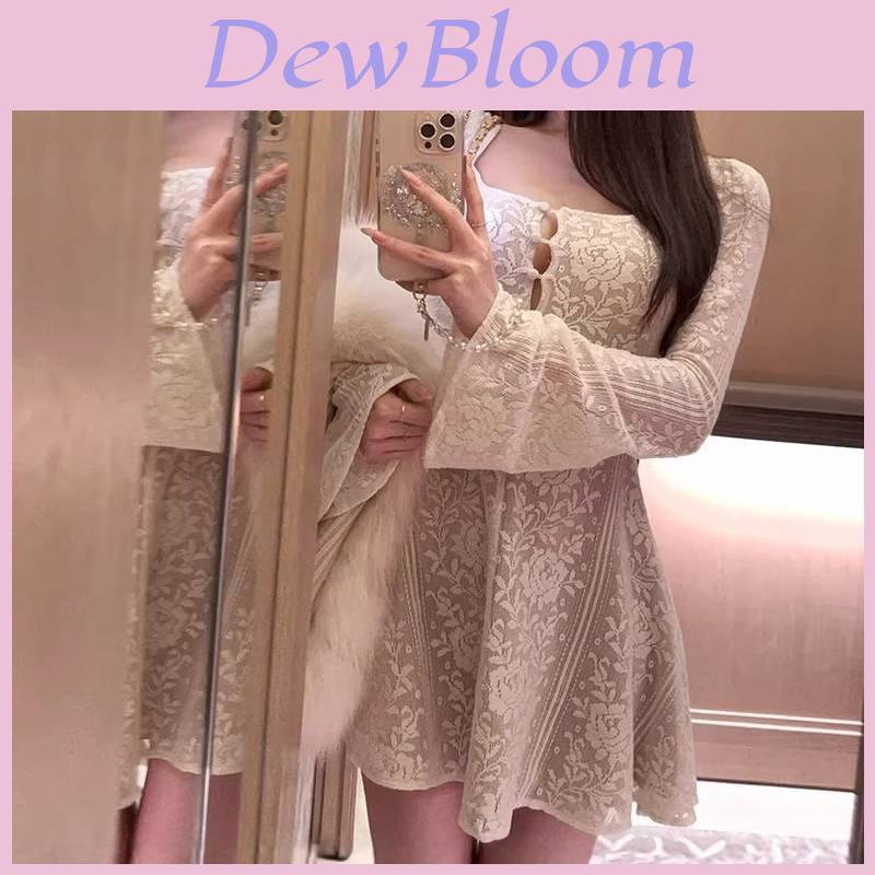 French Lace Hollow Long Sleeve Dress For Ladies Autumn Winter Chic Aline Short Skirt