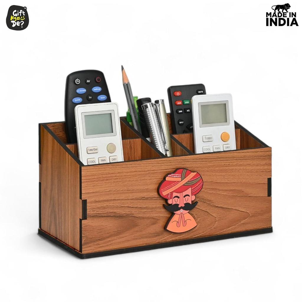 Remote Stand with 5 Sections  Wooden Remote Holder for Living Room, TV, and AC Stationary Organizer 5 in 1Ideal for Home and Office (Brown Rajasthan)
