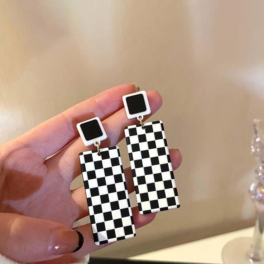 Korean Style Checkerboard Rectangle Women Earrings Dangle Earrings Ear Studs Checkerboard Earrings