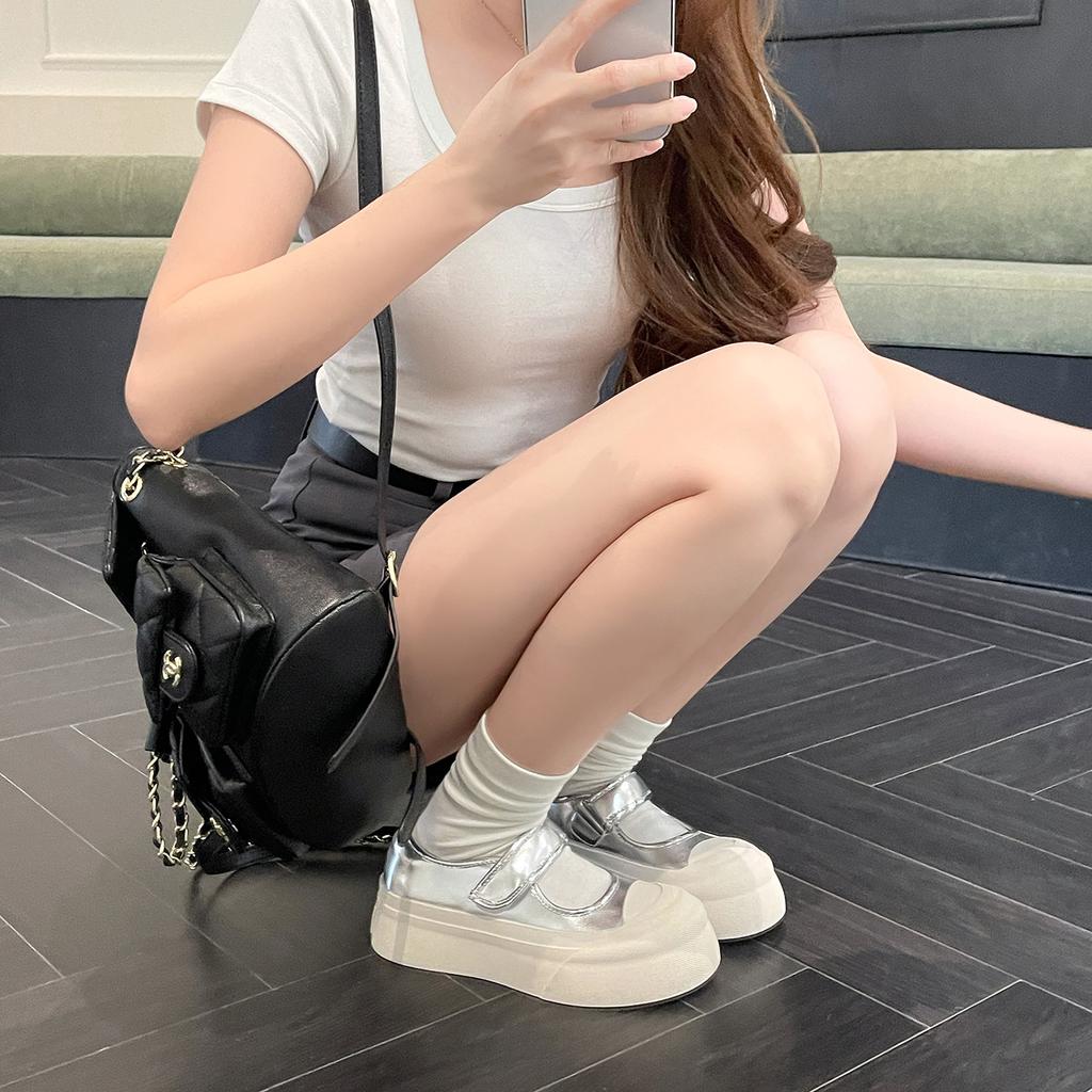 Rindslederversion~ Ruth gleiche Leder großer Kopf Einzelne Schuhe Damen vielseitige Plateau Muffin Klettverschluss Mary Jane weiße Schuhe