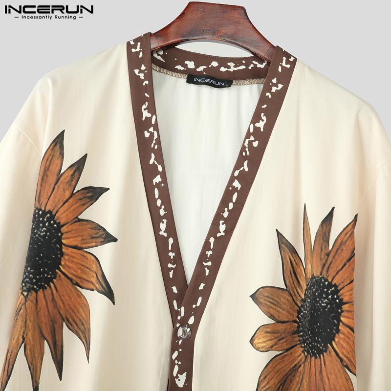 INCERUN Men Half Sleeve Stitching Floral Print Casual Irregular Long Cardigan Tops