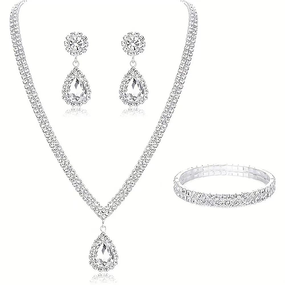 Women's Sparkling Diamond Jewelry Set: Crystal Drop Necklace, Earrings, and Bracelet Trio