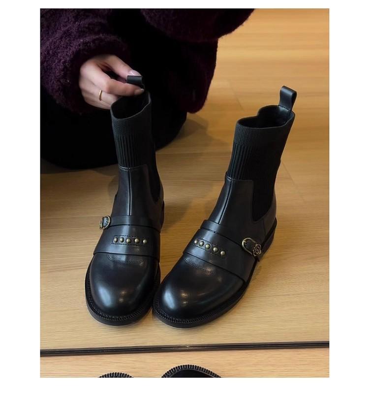 Sheepskin Version~ Fashion Retro Rivet Belt Buckle Splicing Elastic Thin Boots Women's Versatile Socks Boots Short Boots Martin Boots