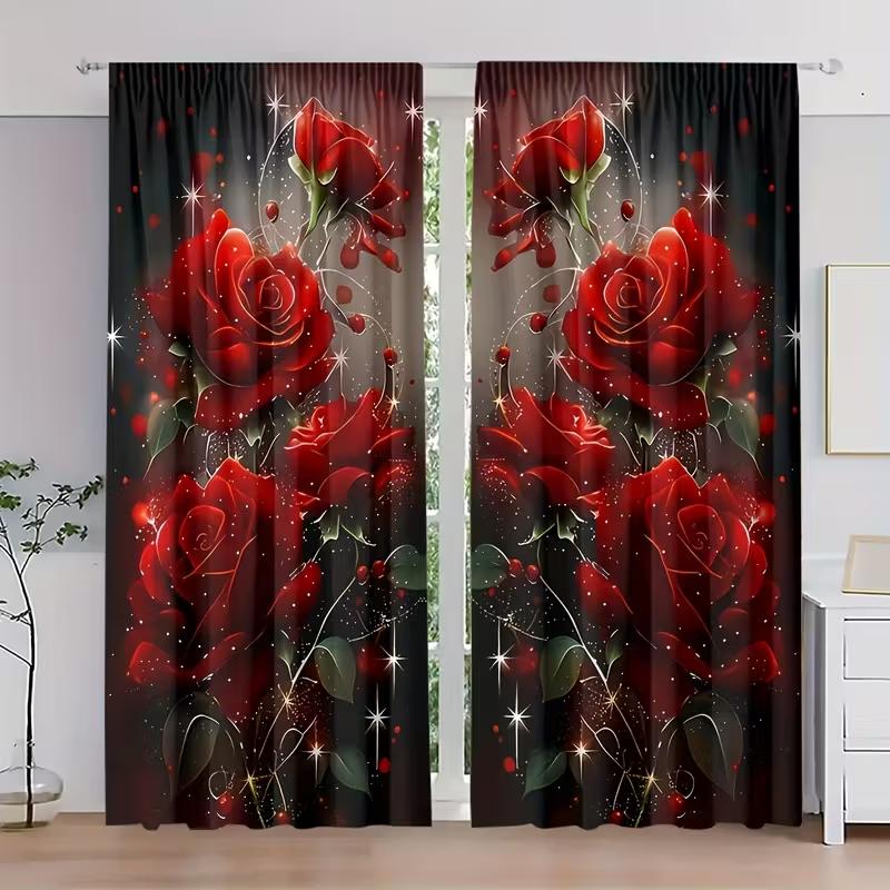2PCS Red Rose Printed Curtains   Polyester Material Design with Rod Bag   Bedroom   Home Decoration