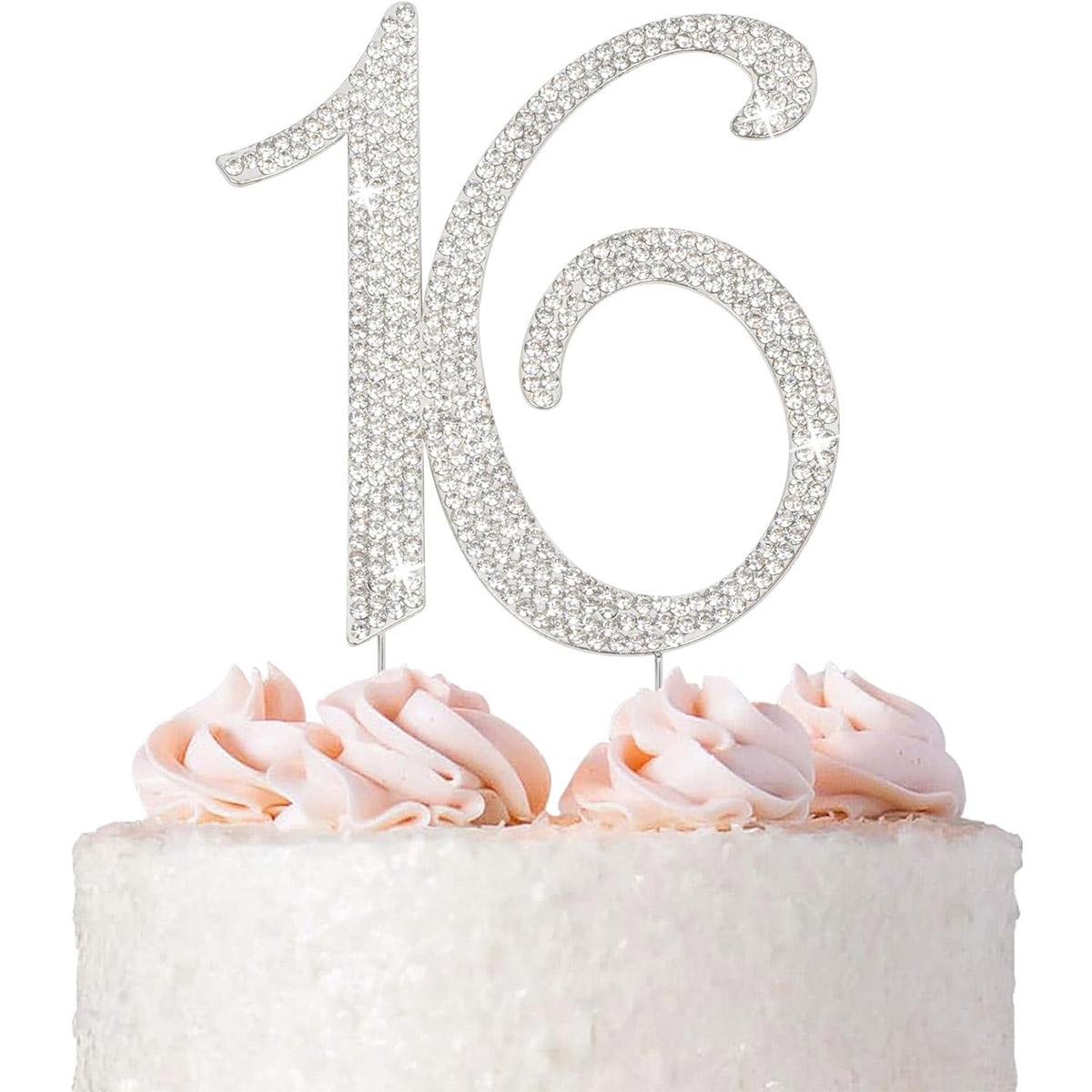 

16 Silver Metal Cake Topper - Premium Sweet 16 Birthday Party Sparkly Rhinestone Decoration Makes a Great Centerpiece