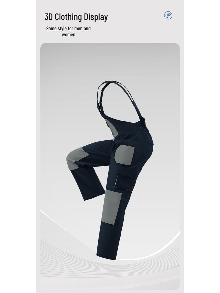 Cross-Border 3D Color-Block Multi-Pocket Hooded Strap Overalls for Labor Protection