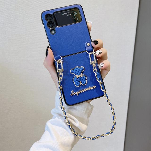 

Корейский милый кожаный чехол с 3d медведем и цепочкой для телефона Samsung Galaxy Z Flip 4 3 Z Flip3 5g, однотонный защитный чехол For Z Flip 4