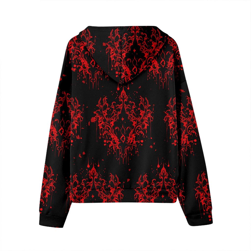 Sweat-shirt à capuche décontracté pour femme à manches longues avec fermeture éclair et cordon de serrage imprimé