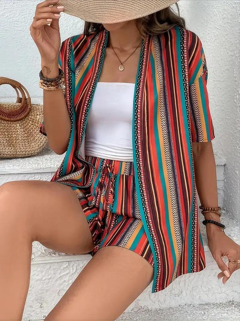 2025 Elegant Two-Piece Vacation Print Set: Short Sleeve Tie-Waist Shirt & High-Waist Shorts