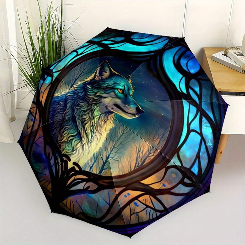 

Wolf Window Art: Magical Night Wildlife Decor Umbrella, Portable 3 Fold Compact Umbrella for Men & Women,S119