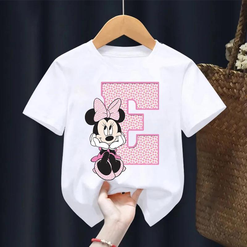 Top Stampato Cartone Animato Disney Minnie Mouse T-shirt con Lettere per Bambina Manica Corta Carina