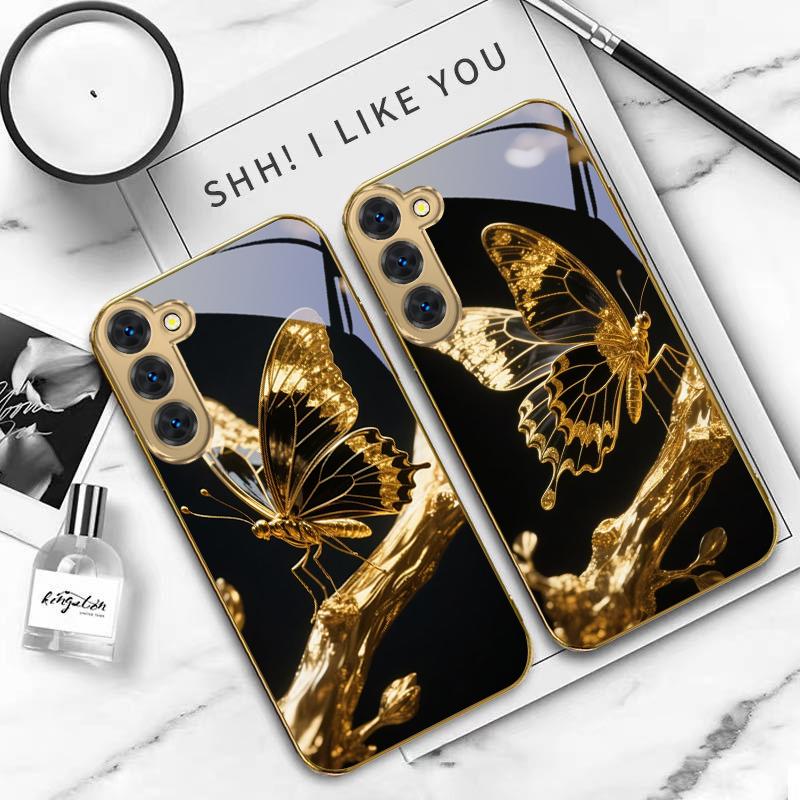 Butterfly on the Branch For Samsung Galaxy S20 FE S21 S22 S23 Plus S24 Ultra S25Ultra S21+ S9+ S22Plus Golden glass phone case