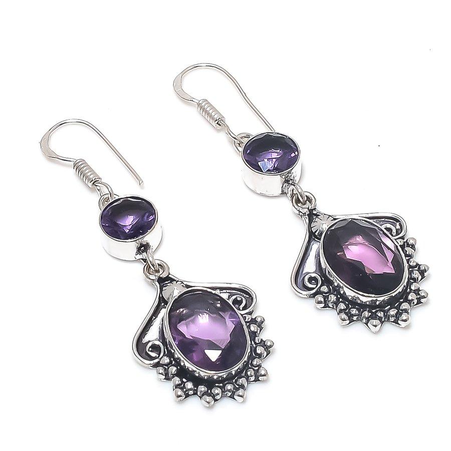 Natural Amethyst Gemstone Handmade 925 Sterling Silver Earring 2.17" k6I02