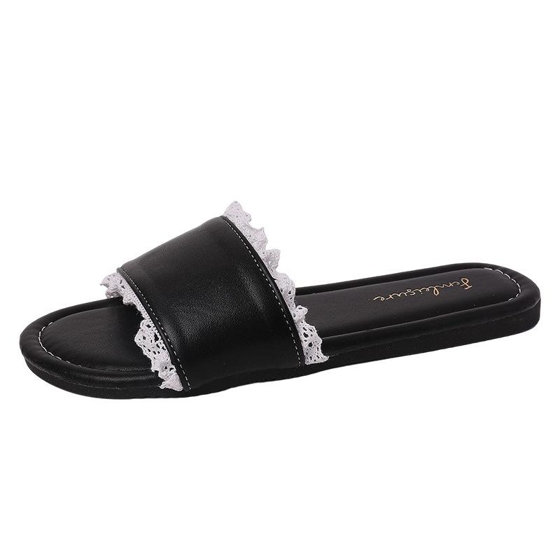French Beautiful Lace Edge Slippers Women's 2025 Summer New Wear Beach Sandals Non-slip Home Slippers