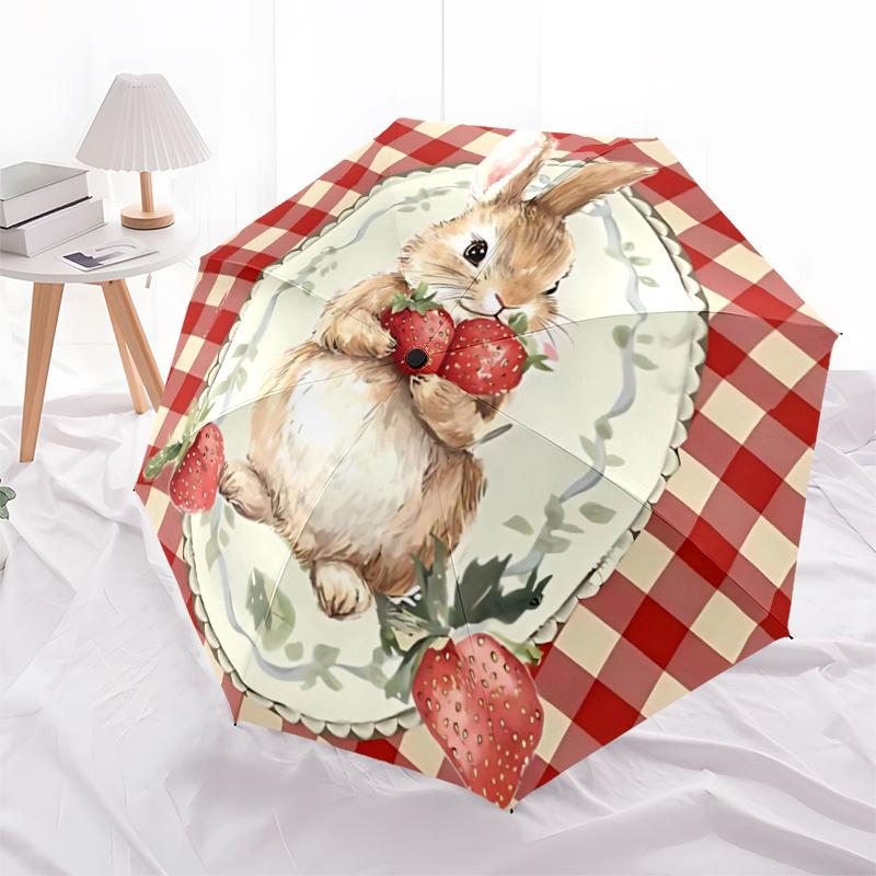 1pc Bunny Strawberries Automatic Open/close Umbrella, 8-Rib Sturdy Structure, Artistic Pattern, Compact Design, Fashion Lovers L044