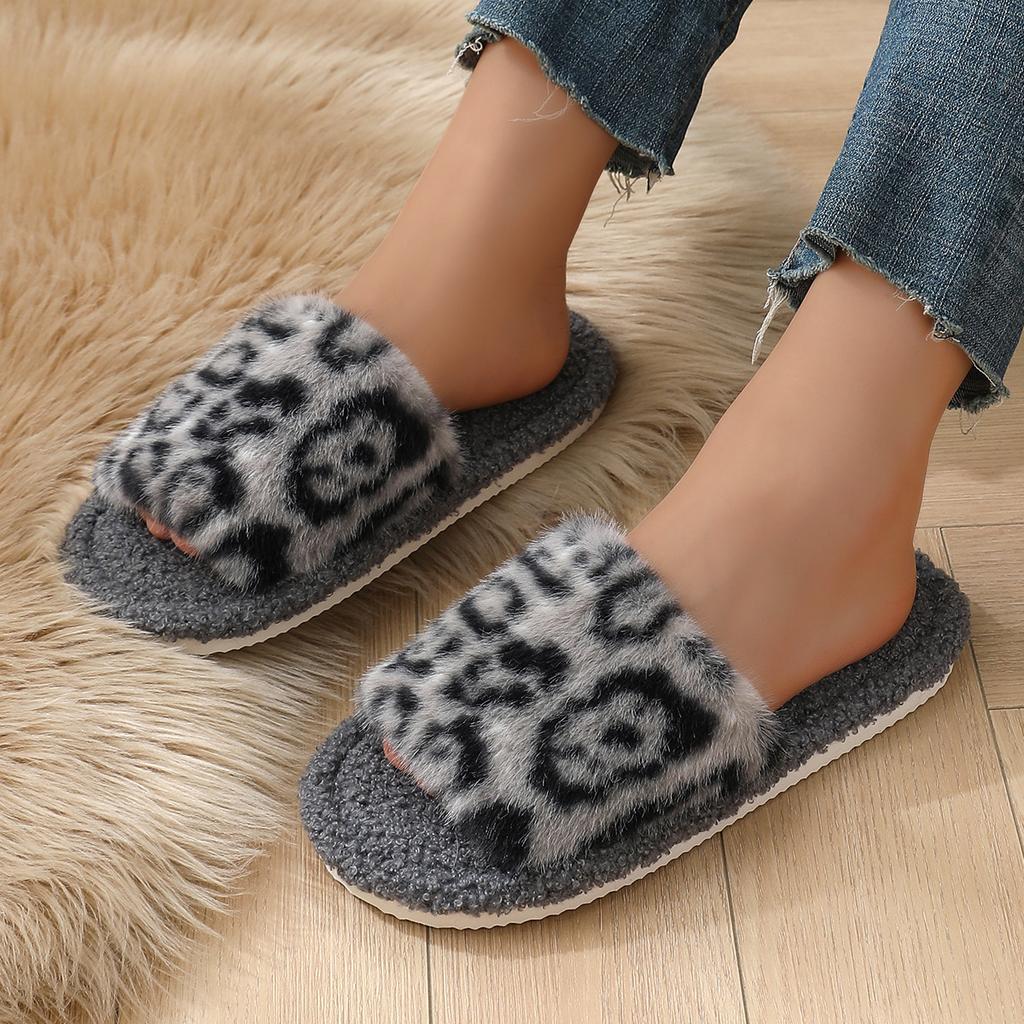 New season leopard print fluffy cotton slippers flat bottom women's fashion home fluffy slippers