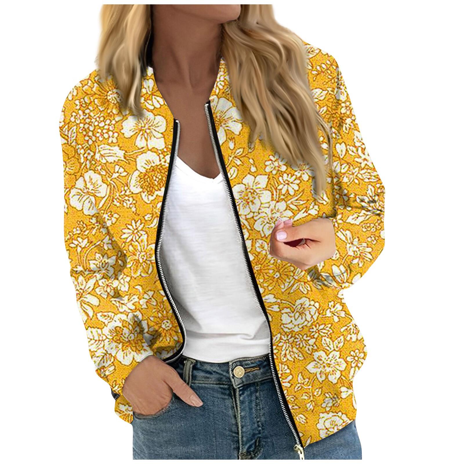 

Женская модная повседневная куртка на молнии с длинным рукавом с цветочным/листовым принтом и круглым вырезом L жёлтый