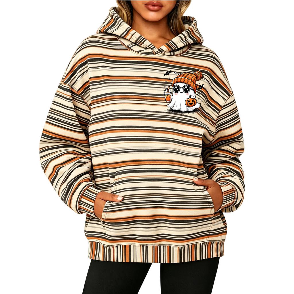 Women's Long Sleeve Striped Print Pullover Hoodie Sweatshirt with Pockets for Halloween