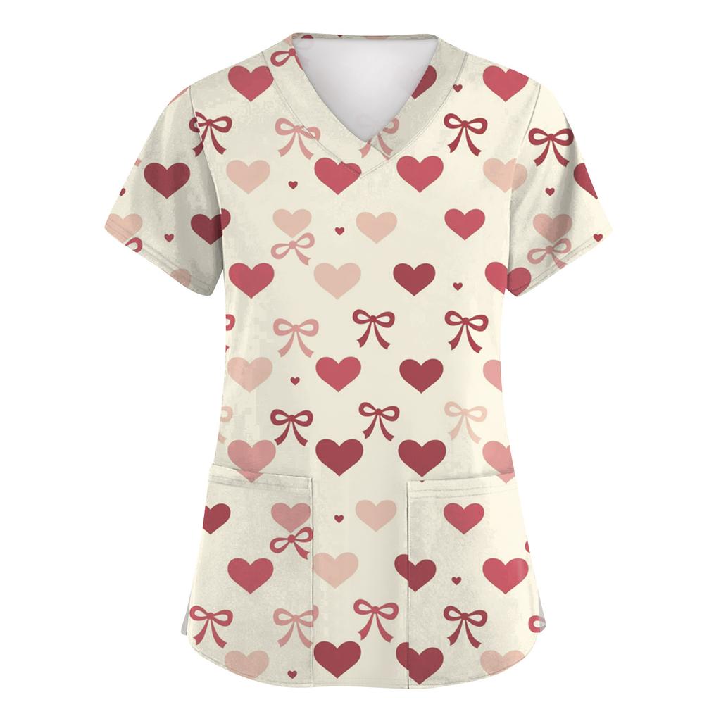 Women's Fashion Short-Sleeve Valentine's Day Print V-Neck Pocket Workwear Top