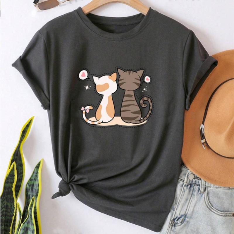 Fashion Women Cute Couple Cat Print T Shirt Funny Casual O-neck Short Sleeves T-shirt Summer Female Tee Shirt