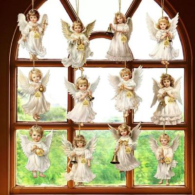 12Pcs Vintage Christmas Angel Wooden Pendants, Artificial Wood Hanging Ornaments Perfect For Home & Outdoor Holiday Decor