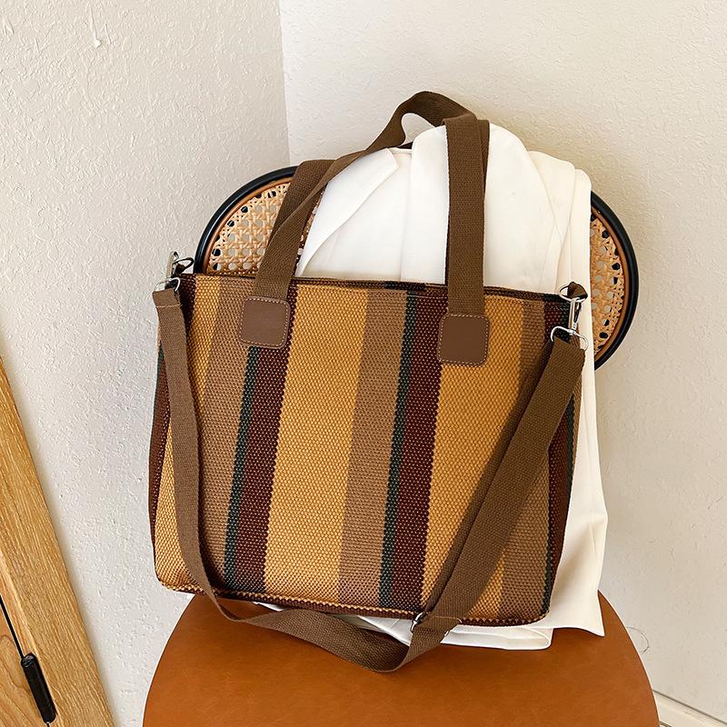 Canvas Large Capacity Portable Tote Bag 2025 New Trendy Plaid Messenger Bag Hand Carry Shoulder Bag Commute