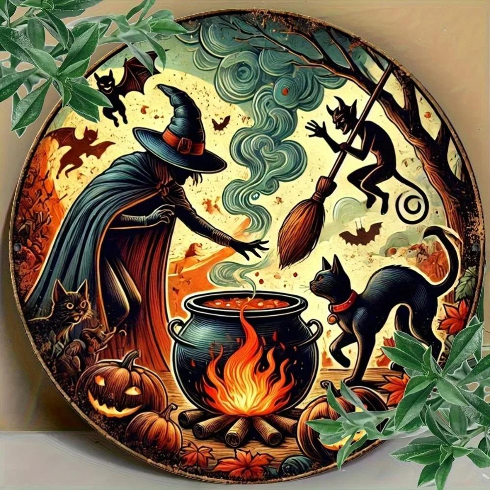 PC Vintage Halloween Hexe Katze Metallschild Rustikale Wandkunst mit Kessel Fledermäusen Herbstlaub Detaillierte Illustration