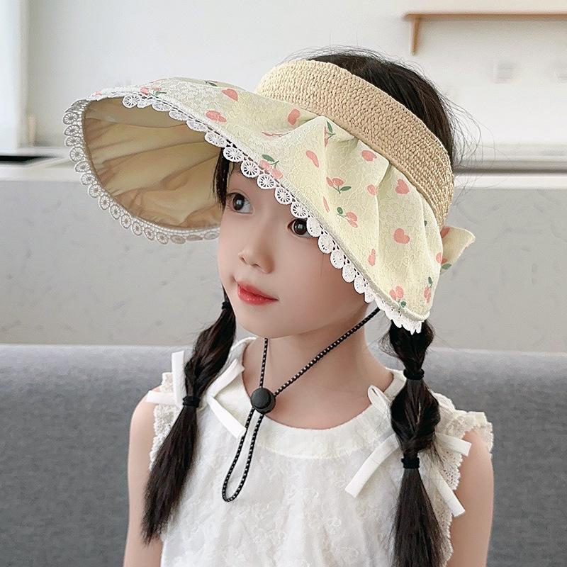 Spring Summer Hats For Girls Children Lace Flower Empty Top Sun Hat Outdoor Adjustable Foldable Sunhat Casual Beach Travel New