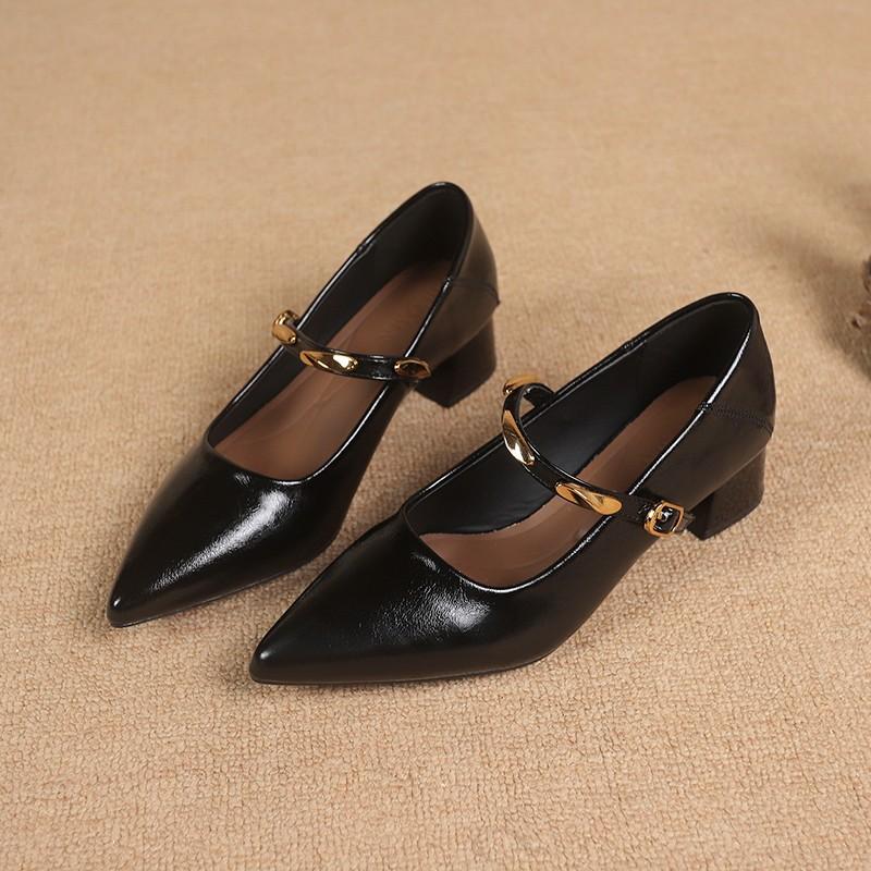 Korean Version of Thick Heel Mary Jane Retro Small Leather Shoes Women's 2025 New Autumn Pointed Head Shallow Mouth Retro Word with Single Shoes