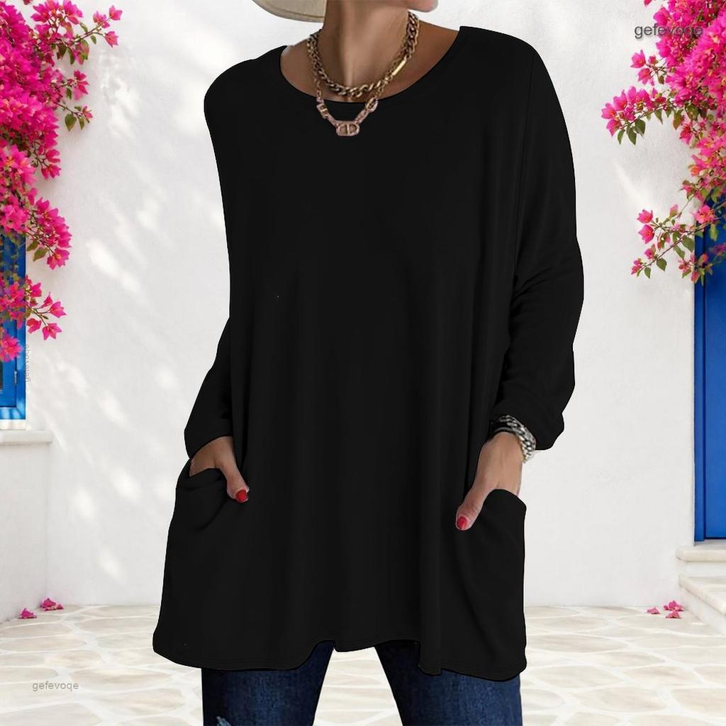 Women Plus Size Round Neck Long Sleeve Printed Loose Fit Longline T Shirt With Pockets